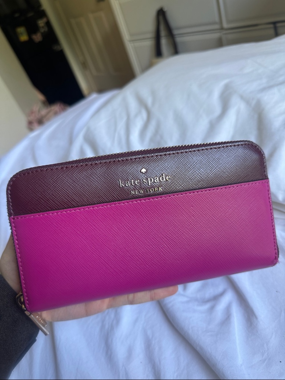 kate spade Colorblock Zip Wallet in Fuchsia and Burgundy